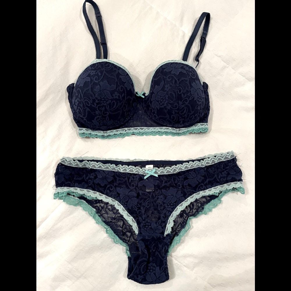 Blush Bra 34C and Panty Small in Navy Lace with Aqua trim